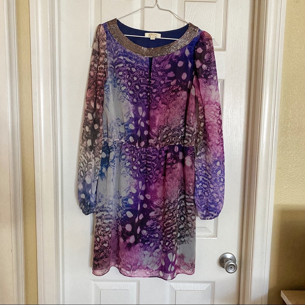 ERIN by Erin Fetherston Watercolor Feather Print Beaded Dress - Purple & Pink